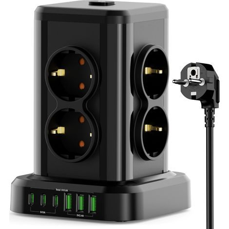 Multiprise avec Interrupteur Tour, 12 en 1 Prise Multiple avec 8 Prises Françaises et 3 USB, Multiprise 3 USB C et Rallonge Electrique 2M, Multi Prise Electrique Convients, Maison, 3680W, Noir (1/5)