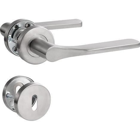 Poignée de porte noire en acier inoxydable mat brossé - Poignée de porte pour porte d'entrée et porte intérieure - En forme de L - Rosace ronde - Cylindre profilé (1/5)