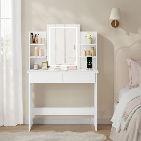 WOLTU Tocador de maquillaje con luz LED (3 colores y brillo ajustable) y 2 cajones, blanco (1/5)