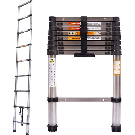 Telescoping Ladder 8.5ft/2.6m Stainless Steel Telescopic Extension Ladder Heavy Duty Collapsible Ladder Non-Slip Angled Feet Securing Strap Delicate Design for Home Loft RV Ladder 330 lbs Capacity