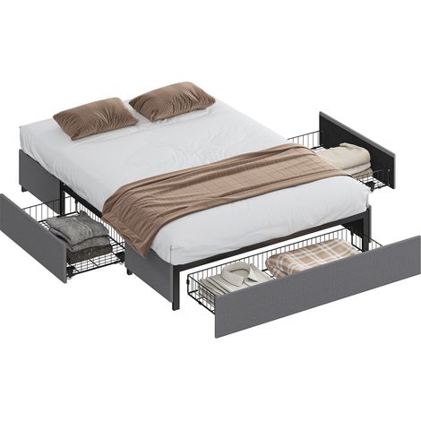 Base de cama doble 140x190 cm – 3 cajones – Estructura metálica – Carga máxima 363 kg – Gris