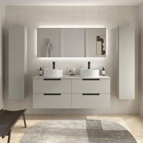 Mueble de Baño LENI 140cm Gris mate 4 cajones Lavabo sobre encimera 2 pozas Porcelana (1/5)