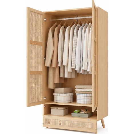 ELVMI Armario 2 Puertas con Barra y Tapa Abatible, Almacenaje, Dormitorio, Salón, en Madera, Natural, 90 x 45 x 183 cm (1/5)