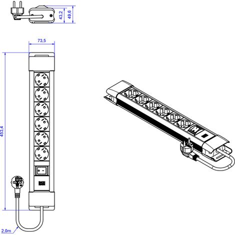 BACHMANN CONNECTUS 6xCEE7/3 1xSchalter 2,0m CEE7/7 Grau, BM005905