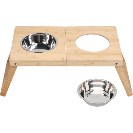 Support surélevé pour gamelles de chat, gamelle double multifonctionnelle en acier inoxydable et bambou pour chats et chiens. (1/5)