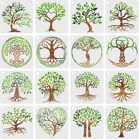 Pochoir d'arbre,16 Pièces Lien L'Arbre de Vie Peinture Pochoir,Réutilisables pour la peinture sur bois,sol,toile,mur et décorations(15x15cm),Modèle d'arbre de vie - 16 (1/5)