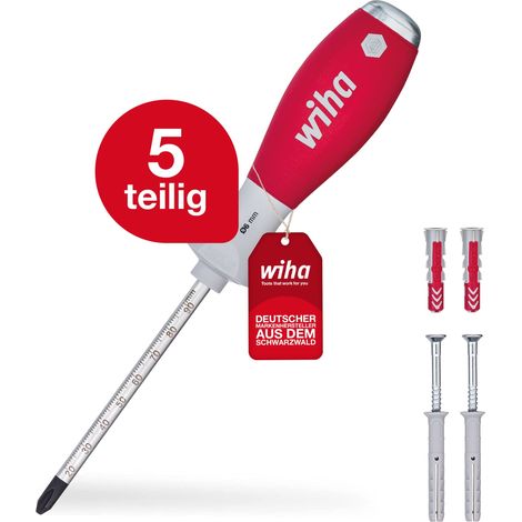 Wiha Dübellochschläger Set SoftFinish® mit Dübeln (41289), 5 tlg., Dübel ohne Bohren, Dübelbohrhilfe, zum Einschlagen von Dübellöchern, 1x Dübellochschläger Phillips 2, 2x Dübel 30 mm, 2x Dübel 40mm