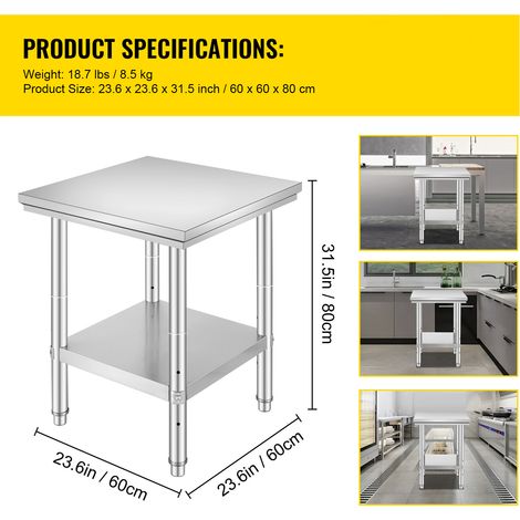 Mophorn-Zubereitungstisch aus Edelstahl, 61 x 61 x 78,7 cm, 311 kg Tragkraft, robuste Metallarbeitsstation, 3 einstellbare Höhen, für Küche, Garage und Restaurant (1/4)