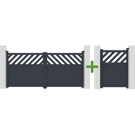 Portail battant 3m HELMIS H.140cm aluminium gris + Portillon aluminium gris 1m HELMIS H.140cm