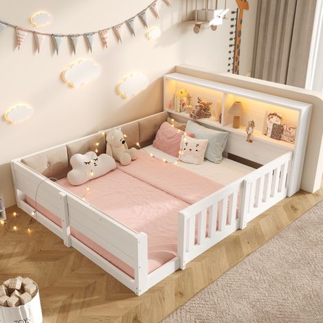 Cama infantil 140x200 cm blanca en tablero de partículas y felpa con barreras, LED y almacenaje (1/5)