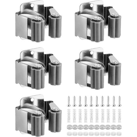 Ensemble de 5 supports muraux pour balai, outils et serpillière, idéal pour salle de bain, cuisine, bureau, placard, jardin et garage. (1/5)