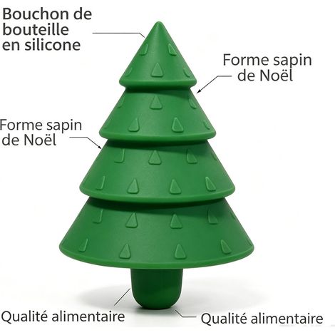 Bouchon de carafe en silicone alimentaire forme sapin de Noël, scellage hermétique, cadeau original pour Noël, hauteur 70 mm, largeur 50 mm - Vert (1/5)