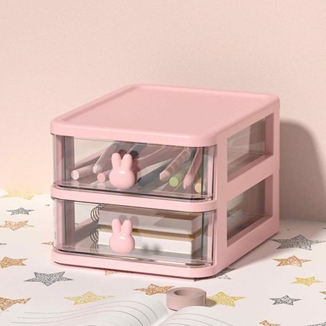 Boîte de rangement de bureau en plastique transparent de grande capacité avec poignée en forme de lapin, organiseur à plusieurs niveaux pour fournitures de bureau, livres, stylos (1/5)
