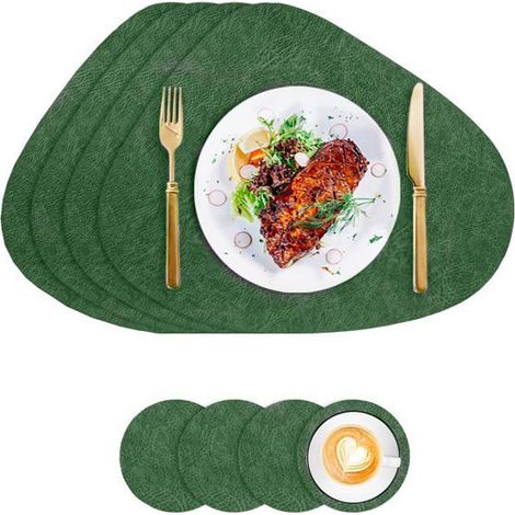 BelleRise - Sets de 4 Table Lavable Rond, Set de Table et Dessous de Verre, Set Couverts de Table, Cuir Napperons Antidérapant (Vert-Gris) (1/5)