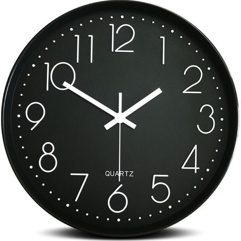 Horloge 12 pouces horloge murale ronde horloge à quartz , cadre noir et fond noir , 30430cm,