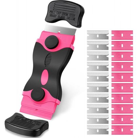 Grattoir de nettoyage double face avec 20 lames de rechange, grattoir de nettoyage multifonctionnel pour enlever les étiquettes, les autocollants, le coulis, les résidus de colle, etc., rose. (1/5)