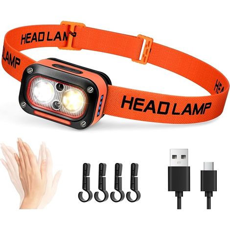 Linterna frontal LED recargable ultra potente DARKBEAM, luz blanca, amarilla y roja, para cascos de construcción con sensor de movimiento, resistente al agua para acampar, hacer senderismo y trabajar. (1/5)