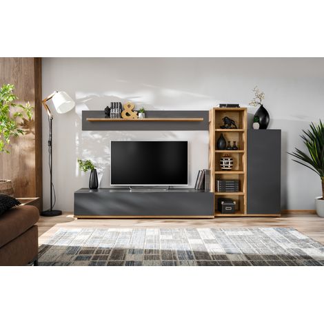 Ensemble meuble TV mural Silk III - Bois MDF anthracite et chêne Wotan - 240 x 127 x 40 cm - Livraison gratuite (1/5)