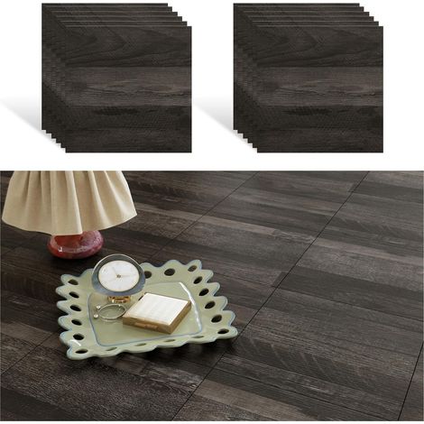 Carrelage Adhesif Sol Bois Noir 12 Pièces Dalles Adhesives Sol Texturé Gris Foncé Sol Vinyle Carré Imperméable Dalle Pvc Adhesive Sol pour Salon Chambre Dalle Garage Salle de Bain 30cm x 30cm (1/5)