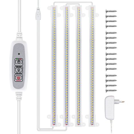 Lampes de croissance pour plantes (Un lot de 4 barres, UE) Bandes lumineuses LED de croissance d'intérieur 40 W pour plantes, 4 barres LED blanches à spectre complet avec minuterie, pour culture hydro (1/5)