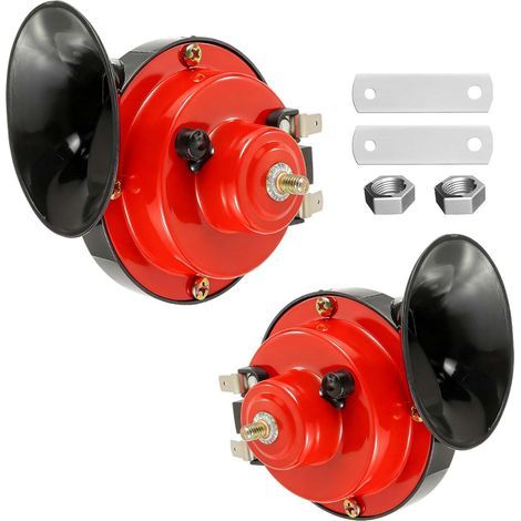 Lot de 2 Klaxons Pneumatiques 300 dB, 12 V, Électriques, Super Puissants, Étanches, Universels, pour Voiture, Camion, Moto, Bateau, Plaque en Fer, Rouge (1/5)