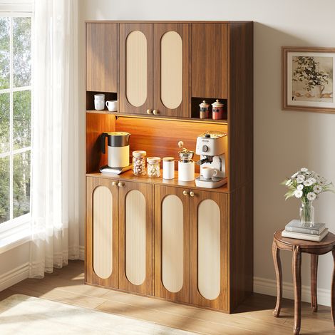 Buffet haut avec cannage PE, meuble bar à LED à intensité variable, rangement pour vaisselle et provisions, armoire de stockage pour salle à manger, salon et entrée. (1/5)