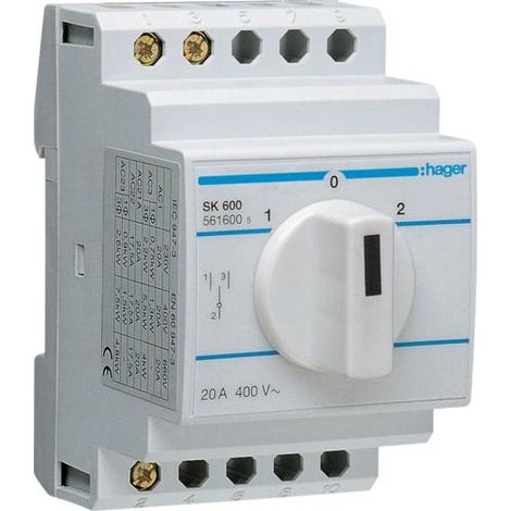 Hager – Inverseur bipolaire 2 contacts NO-NF 20A – Tension 400V – Courant 20A – Commutateur CA – IP20 pour installation électrique (1/2)