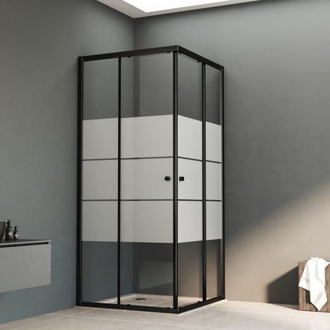 Schwarzer Duschkabine 75x75 cm Schiebetür Duschabtrennung Eckeinstieg Doppel Schiebetür 6mm ESG Sicherheitsglas mit weißen Querstreifen-Dekor, Duschwand Höhe 185cm, LINKS & RECHTS MONTIERBAR