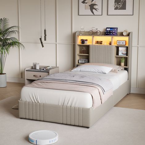 Lit simple 90x200 cm avec 2 tiroirs, tête de lit capitonné avec éclairage LED et port USB, lit adulte avec rangement, sommier à lattes, lin, beige (1/5)
