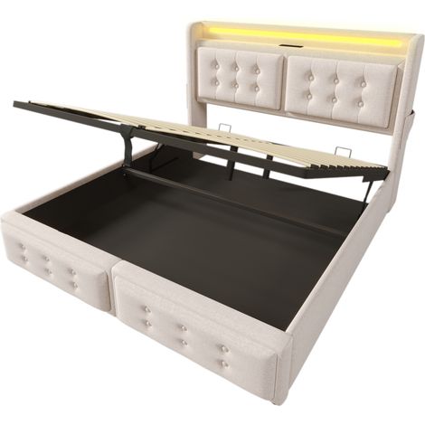 Polsterbett 140x200 beige mit LED-Kopfteil, USB-C-Anschlüssen und Metallrahmen (1/5)