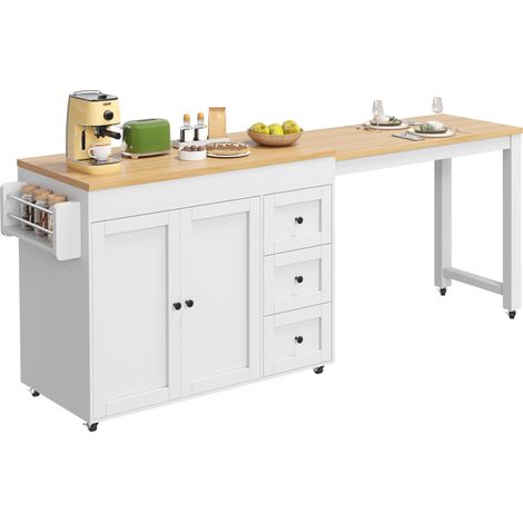 Kücheninsel Ausziehbar mit 3 Schubladen, Schrank und Rollen, Arbeitsplatte aus MDF, 116-179.5 x 45 x 89 cm, Weiß (1/5)