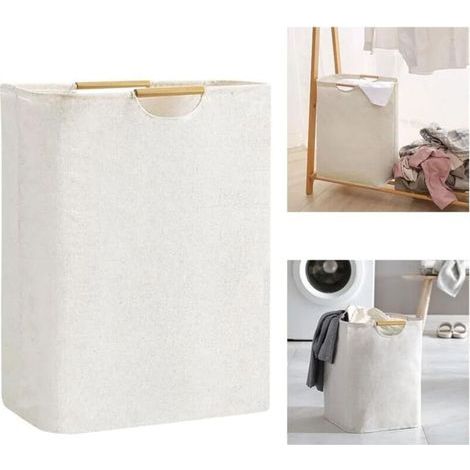 pair 1 pc Panier a Linge Beige 56 x 40 x 27 cm, Panier à Linge Grande Capacité Pliable Tissu Oxford avec Manche en Bois, Corbeille a Linge pour Chambre Salon Chambre D'enfant Salle de Bain et Voyage (1/5)
