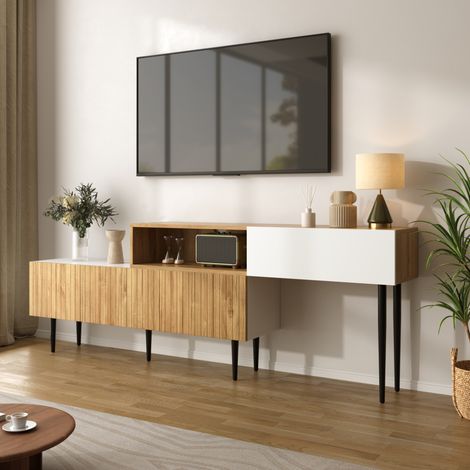 TV-Schrank 240x30x63.5 cm Weiß Holzoptik aus MDF und Spanplatte mit modularem Design und Kabeldurchführung (1/5)