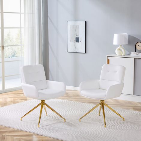[Lot de 2] Chaise pivotante design européen élégant et léger : assise et dossier en simili cuir blanc (PU) + pieds métalliques dorés, rotation à 360°, idéale pour salle à manger ou espace détente. (1/5)
