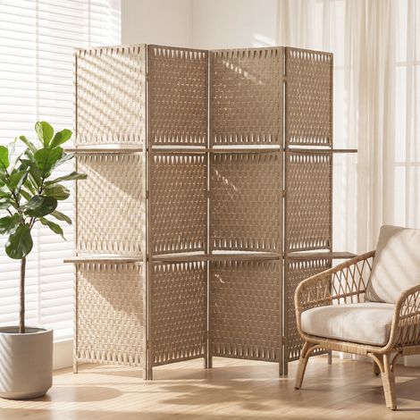 Séparateur de naturel paille pièces 4 panneaux 2 étagères pliables design moderne