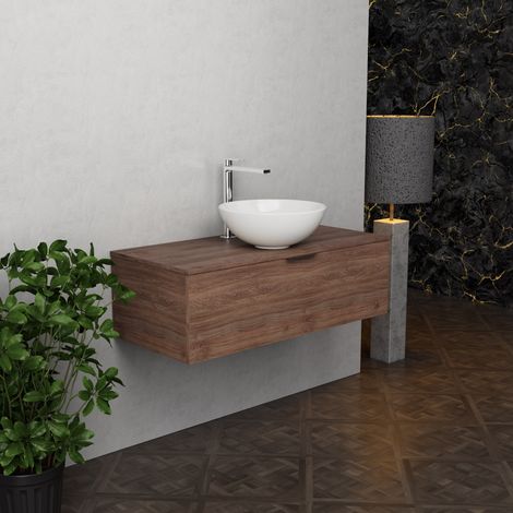 Inda - Badezimmerschrank B.100 mit Aufsatzwaschbecken / Braune Eiche 1 Schublade - Topazio (1/5)
