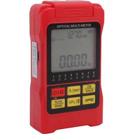 Wattmètre optique portable et précis pour fibres optiques (850-1650 nm), avec connecteur SC universel 2,5 mm et alimentation par batterie Li-ion (rouge). (1/5)
