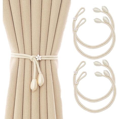 Embrasses de Rideaux 4 Pièces, Pas de Perforation Longueur Réglable avec Boules Doubles Tissées, Accessoires pour Embrasses de Rideaux à Petites Fleurs, Beige (1/5)