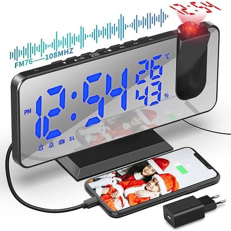 Réveil projecteur de plafond, radio-réveil miroir, avec affichage de la température et port USB, double alarme, 4 niveaux de luminosité LED, 15 niveaux de volume. (1/5)