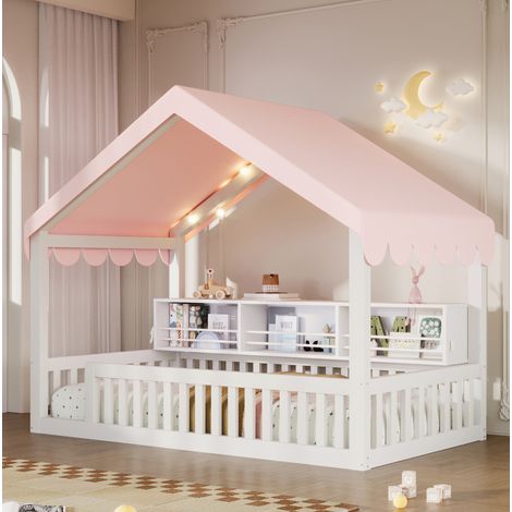 Cama casita 90x200 cm de madera blanca con dosel, luces LED, estantería y barrera (1/5)