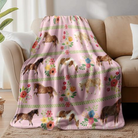 Couverture à Motif Cheval, Couverture Douce et Confortable en Flanelle Polaire de Chevaux et Fleurs pour Femme Idéale pour Amoureux des Chevaux Idéale pour Bureau Salon Canapé Lit, 150x130cm (1/5)