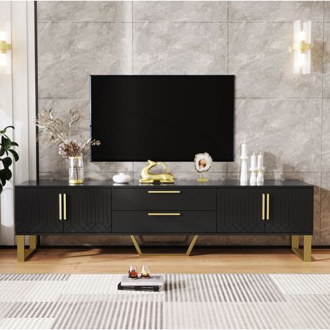 Meuble TV 170 cm noir brillant avec 4 portes, 2 tiroirs centraux, poignées et pieds dorés, rangement avec passe-câbles pour salon moderne CHICFURN (1/5)