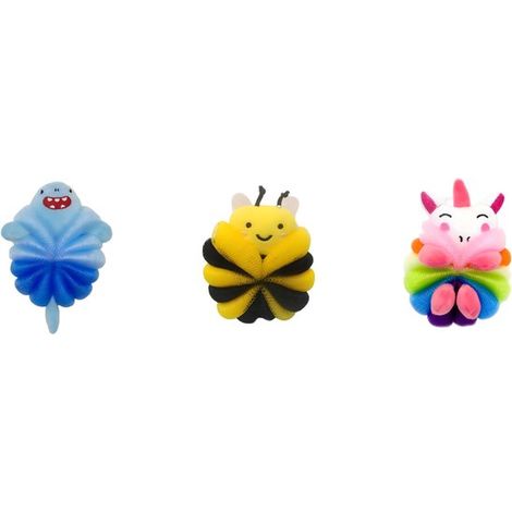 Palline da bagno per bambini, confezione da 3, simpatiche palline da bagno per il corpo a forma di fiore e animale, in spugna e rete, stile 3. (1/5)