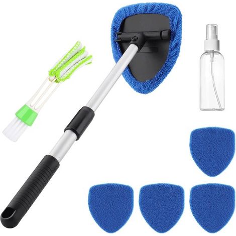 Kit per la pulizia dell'auto con 4 panni lavabili (blu), strumento per la pulizia interna del parabrezza con asta telescopica e manico girevole a 180°. (1/5)
