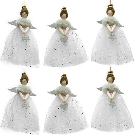 Set 6 angelo con ali pelliccia vestito in tulle bianco argento albero di natale decorazione addobbi particolari h22 (1/2)