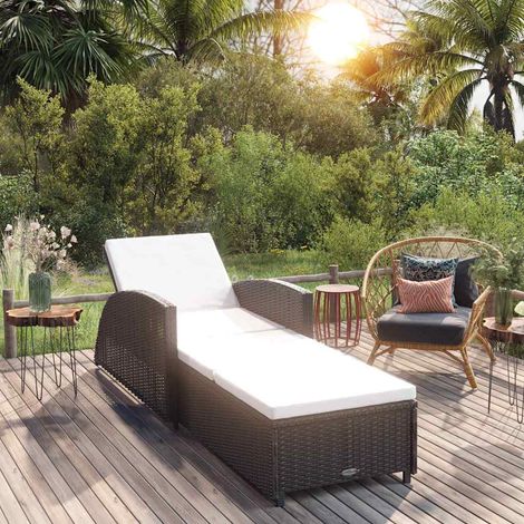 Bain de soleil Chaise de jardin Transat de jardin - avec coussin blanc crème Résine tressée Noir BV868100 - BonneVie (1/5)
