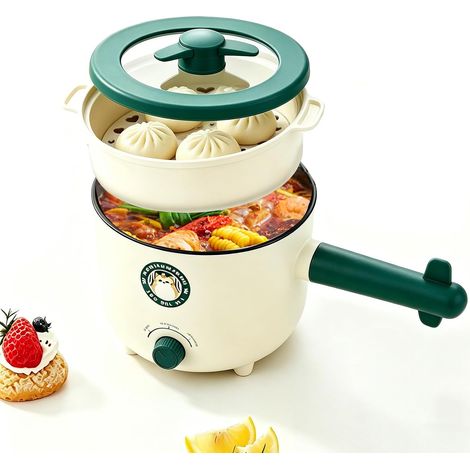 Cuiseur électrique multifonctions avec panier vapeur, 1,5 L, antiadhésif, pour pâtes, steak, œufs et flocons d'avoine. Idéal pour les voyages (1/5)