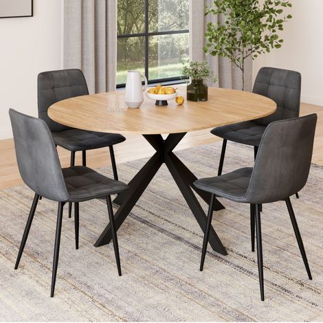 Mesa de comedor redonda extensible ALIX 110 - 150 cm y 4 sillas MILA de terciopelo gris oscuro