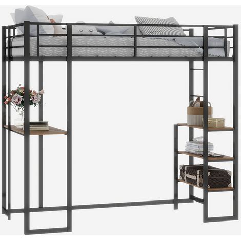 Lit 90x190 cm métal noir bureau L escalier double barrière sans matelas