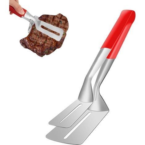Steakzange aus Edelstahl, 2-in-1 Multifunktions-Steakzange, doppelseitiger Pfannenwender, Grillzange, Kochzange, Küchenzange, für Hamburger, Grillgerichte, Pizza, Fisch (1/4)